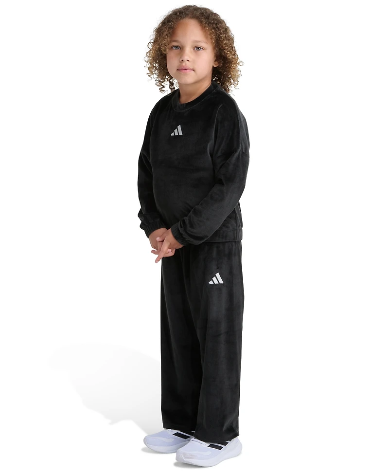 Adidas Toddler and Little Girls Two Piece Crewneck Velour Sweatshirt Wide Leg Pants Set