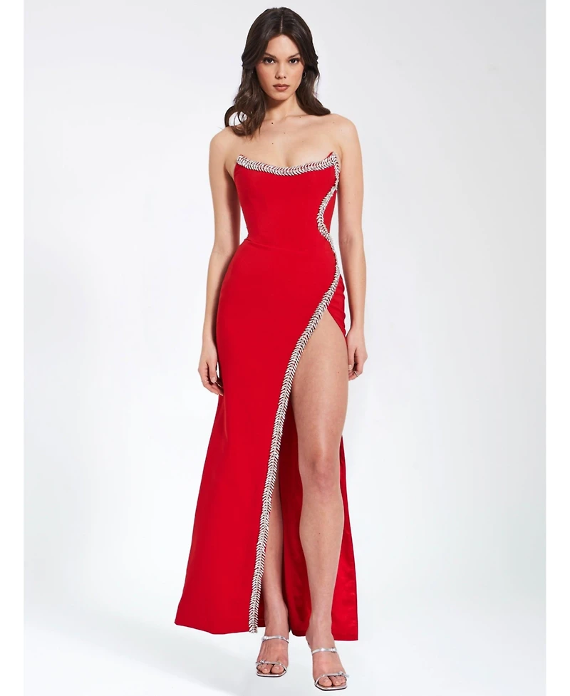 Miss Circle Women's Xoana Red Crystal Embellished High Slit Gown