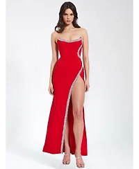 Miss Circle Women's Xoana Red Crystal Embellished High Slit Gown