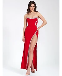 Miss Circle Women's Xoana Red Crystal Embellished High Slit Gown