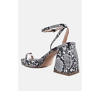 Womens Such Flirt Snake Print Triangular Block Heel Sandals