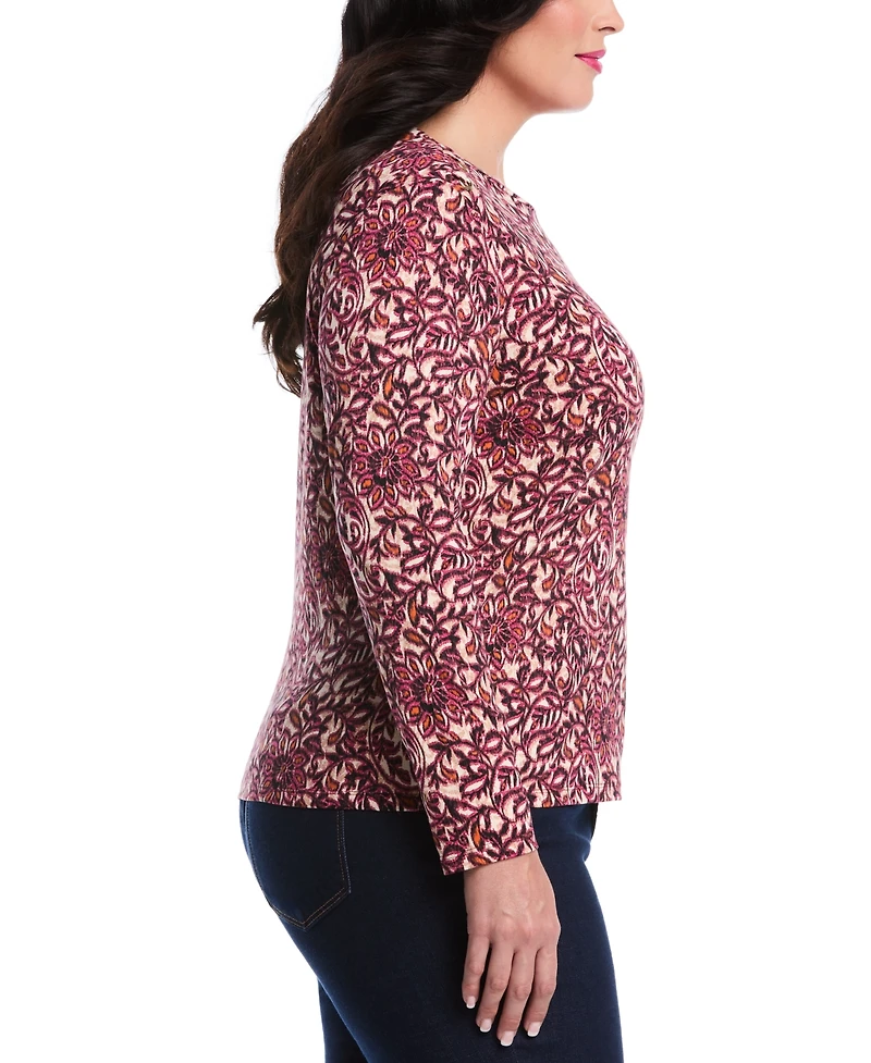 Rafaella Plus Elegant Print Laced Crew Neck Long Sleeve Top