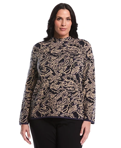 Rafaella Plus Size Paisley Print Mock Neck Long Sleeve Sweater