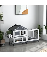 PawHut Wooden Rabbit Hutch with Wheels, Openable Roof, Storage Box