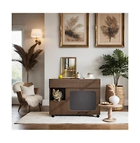 Aostirmotor 35.5 in. Wooden Multi-use Cat litter box house with Storage Made flip-up door in Walnut