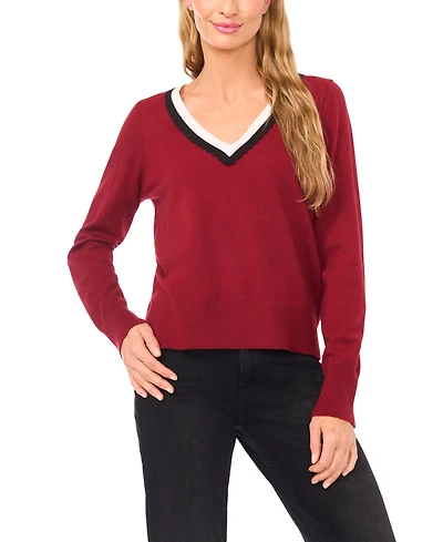 CeCe Women's Contrast Collar V-Neck Sweater