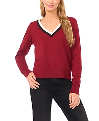 CeCe Women's Contrast Collar V-Neck Sweater