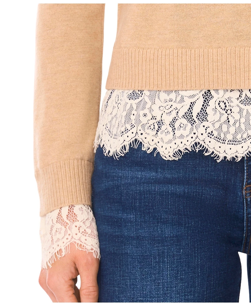 CeCe Women's Lace Hem Long Sleeves Sweater