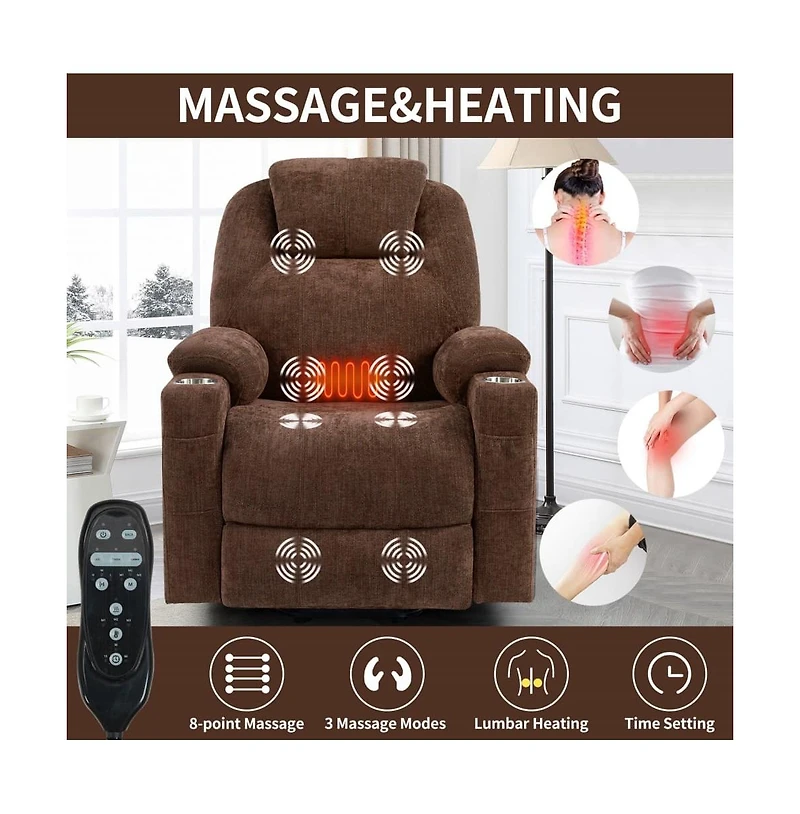 Lift Recliner Chair with Massage, Heat & Usb Charging, Chenille Upholstery, Cup Holders, 350 Lbs Support-Maison Boucle