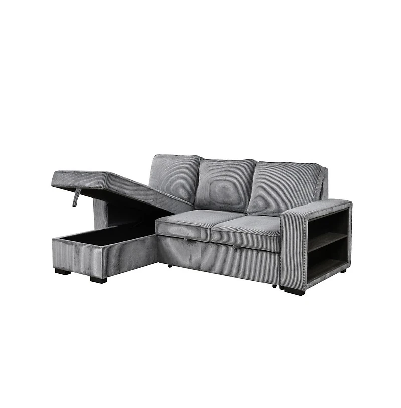 Modern Pull-Out Sofa Bed with Storage Chaise, Usb Charging & Bookshelf Arm, Sleeper Sectional Couch for Small Spaces-Maison Boucle