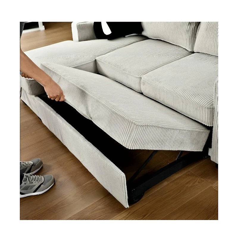Modern Pull-Out Sofa Bed with Storage Chaise, Usb Charging & Bookshelf Arm, Sleeper Sectional Couch for Small Spaces-Maison Boucle
