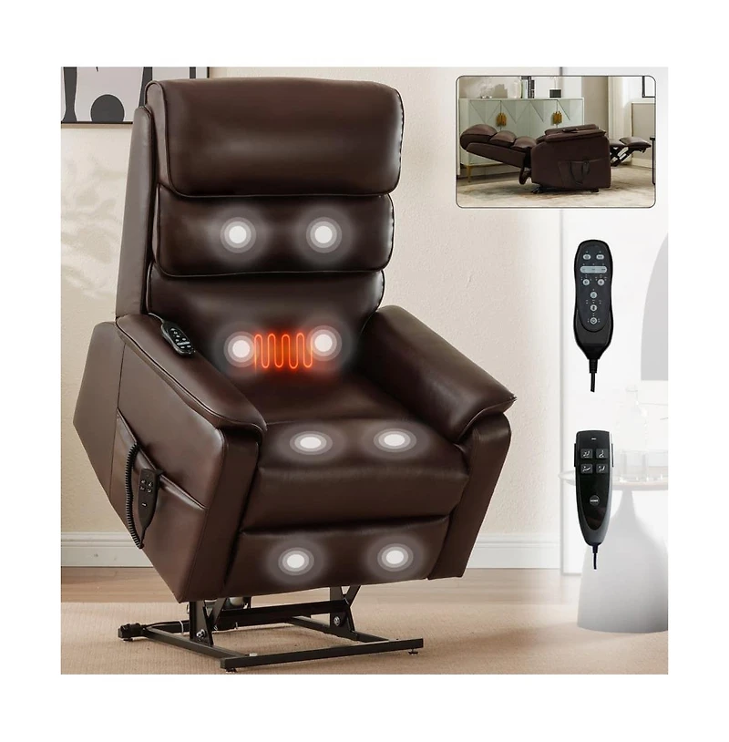 Maison Boucle Dark Brown Faux Leather Power Lift Chair with Heat, Massage & Dual Motor, Heavy Duty Recliner for Elderly with Remote-Maison Boucle