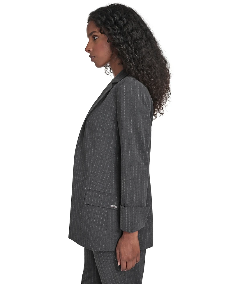 Calvin Klein Petite Pinstripe Pattern Rollback Cuff Open Front Jacket