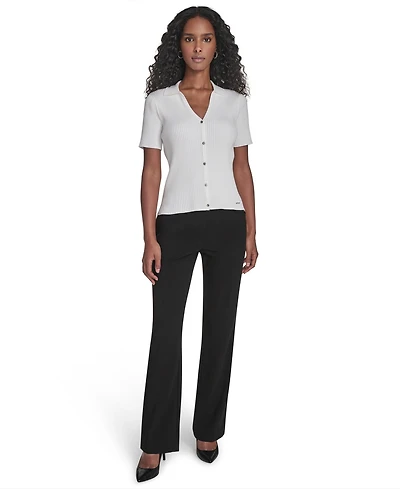 Calvin Klein Petite Collared Short Sleeve Button Detailing Sweater