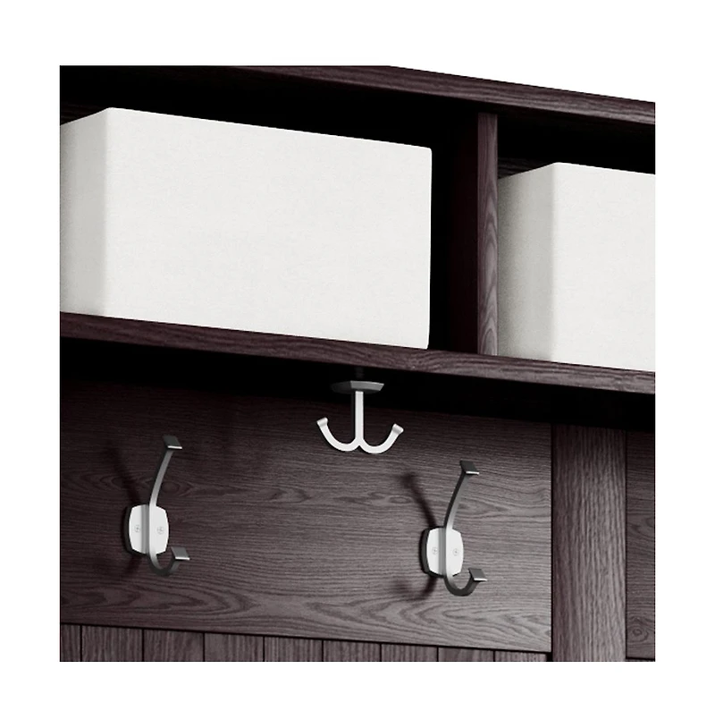Solid Wood White Hall Tree 8 Pair Shoe Storage Bench 4 Bins and 6 Hooks