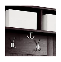 Solid Wood White Hall Tree 8 Pair Shoe Storage Bench 4 Bins and 6 Hooks