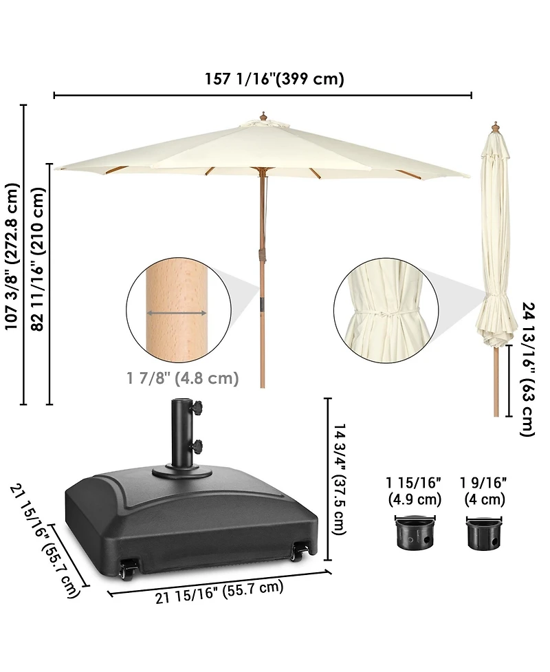 Yescom 13FT Outdoor Solid Wooden Large Patio Umbrella with 4 Wheels Base Beech Pole for Deck Pool Backyard Garden Market Beach Parasol,Ivory