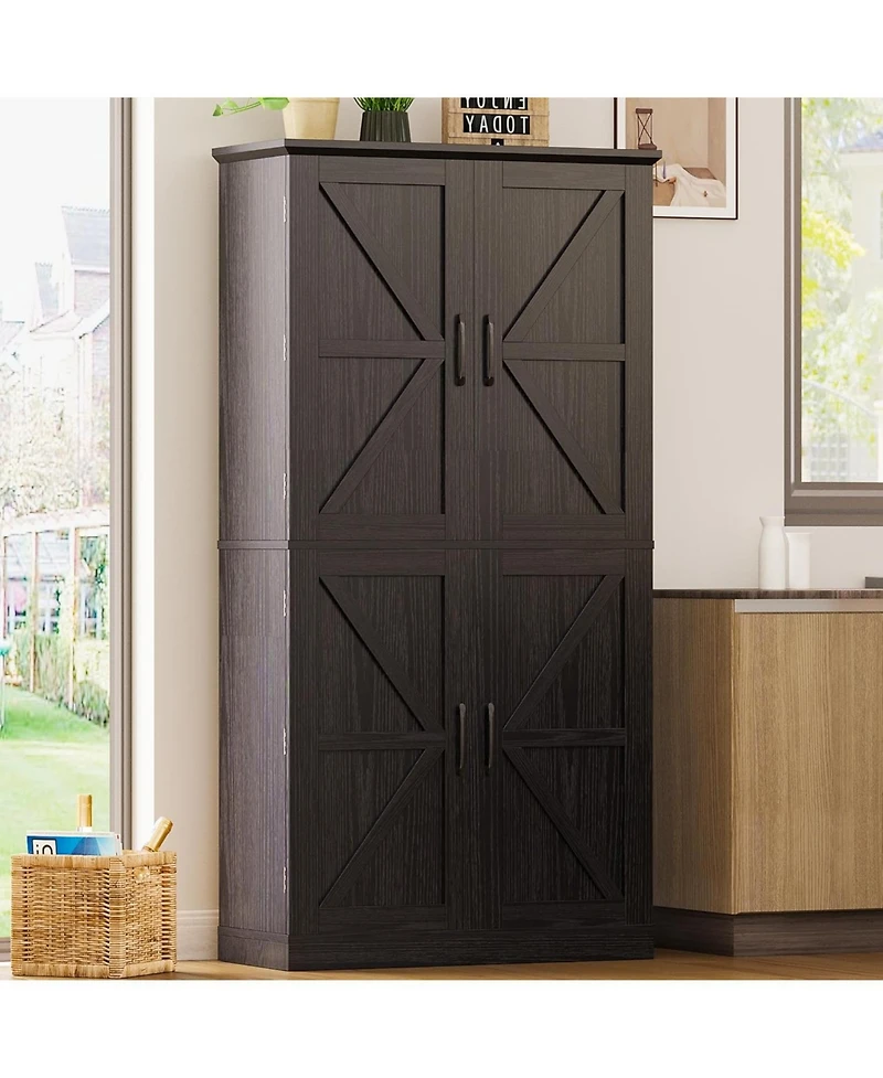 Ironck Kitchen Pantry Storage Cabinet 72.8" H, 4 Barn Doors with Rack, Black