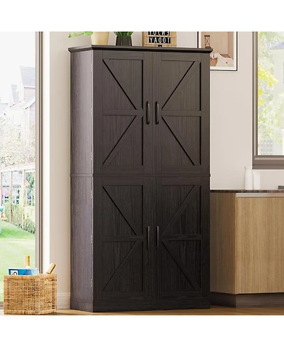 Ironck Kitchen Pantry Storage Cabinet 72.8" H, 4 Barn Doors with Rack, Black