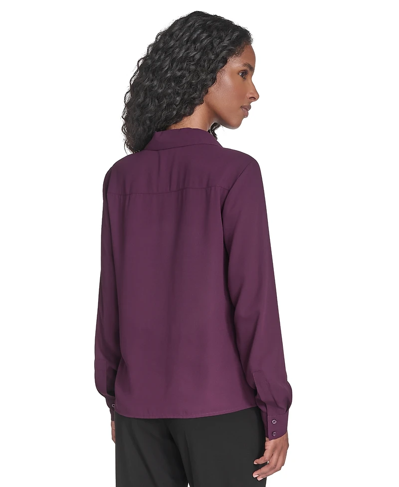 Calvin Klein Women's Solid Long Sleeve Ruffle Front Blouse