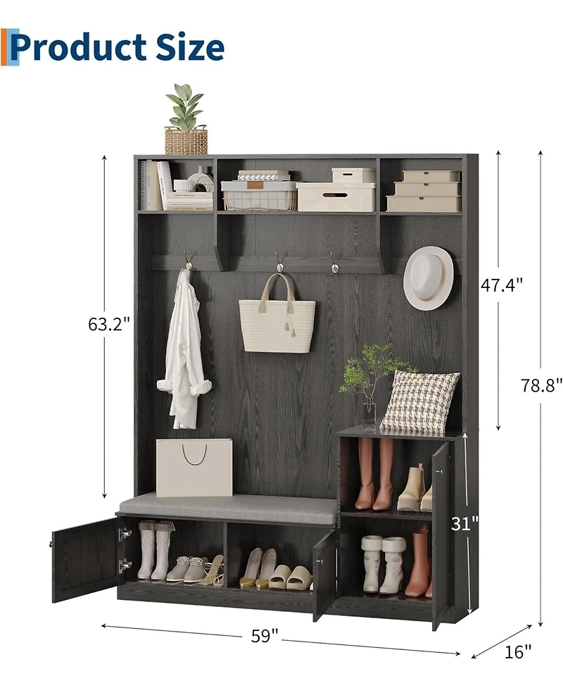 gaomon Hall Tree with Shoe Storage, 78.8" Entryway Bench with Coat Rack, with 4 Shoe Cabinet, 4 Coat Hooks, 3 Top Open Shelves, 5-in-1 Freestandi