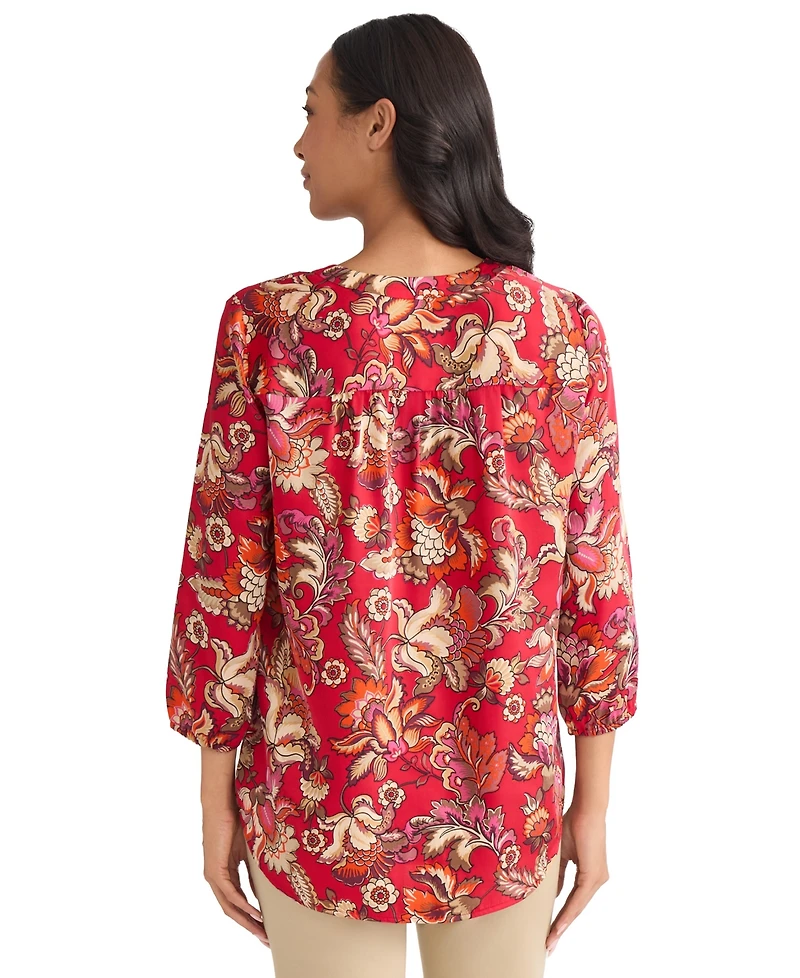 Jones New York Petite Printed Satin Twill V-Neck Top