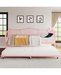 gaomon Metal Daybed with Trundle Bed, Twin Size Day Bed With Premium Metal Frame and Steel Slat Support, Daybed and Roll Out Trundle, Pink
