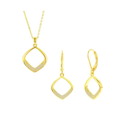 Sterling Silver, Pave Cz Diamond-Shaped Necklace & Earrings Set
