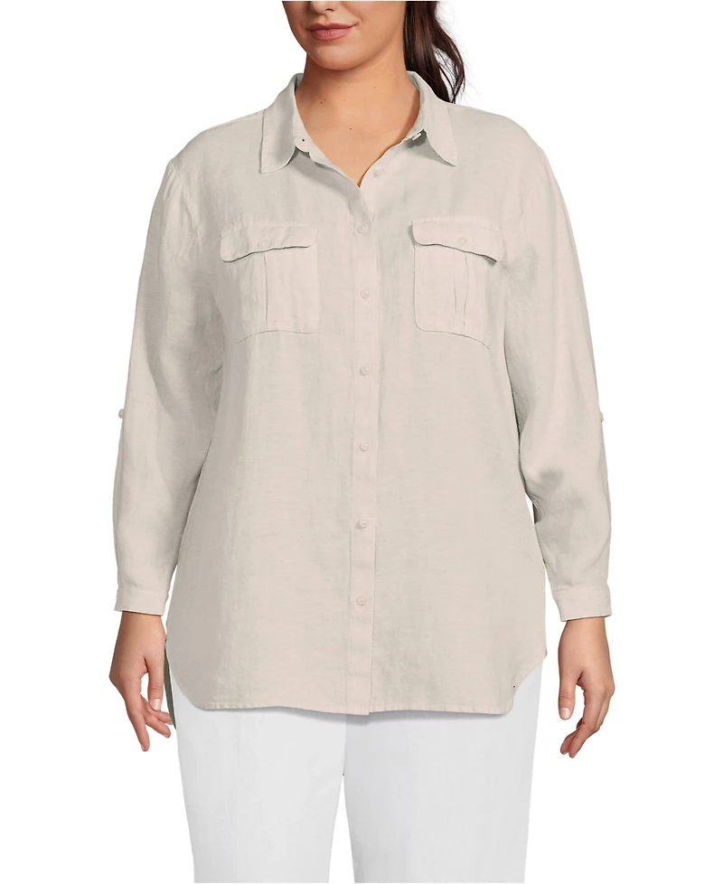 Lands' End Plus Linen Roll Sleeve Relaxed Tunic Top