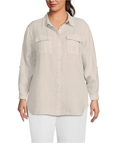 Lands' End Plus Linen Roll Sleeve Relaxed Tunic Top