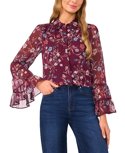 CeCe Women's Long Sleeve Double Ruffle Cuff Button Top