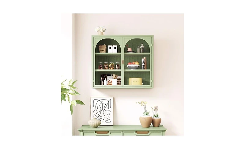 Slickblue Modern Two-Door Wall Cabinet with Glass Doors and Three-Tier Storage