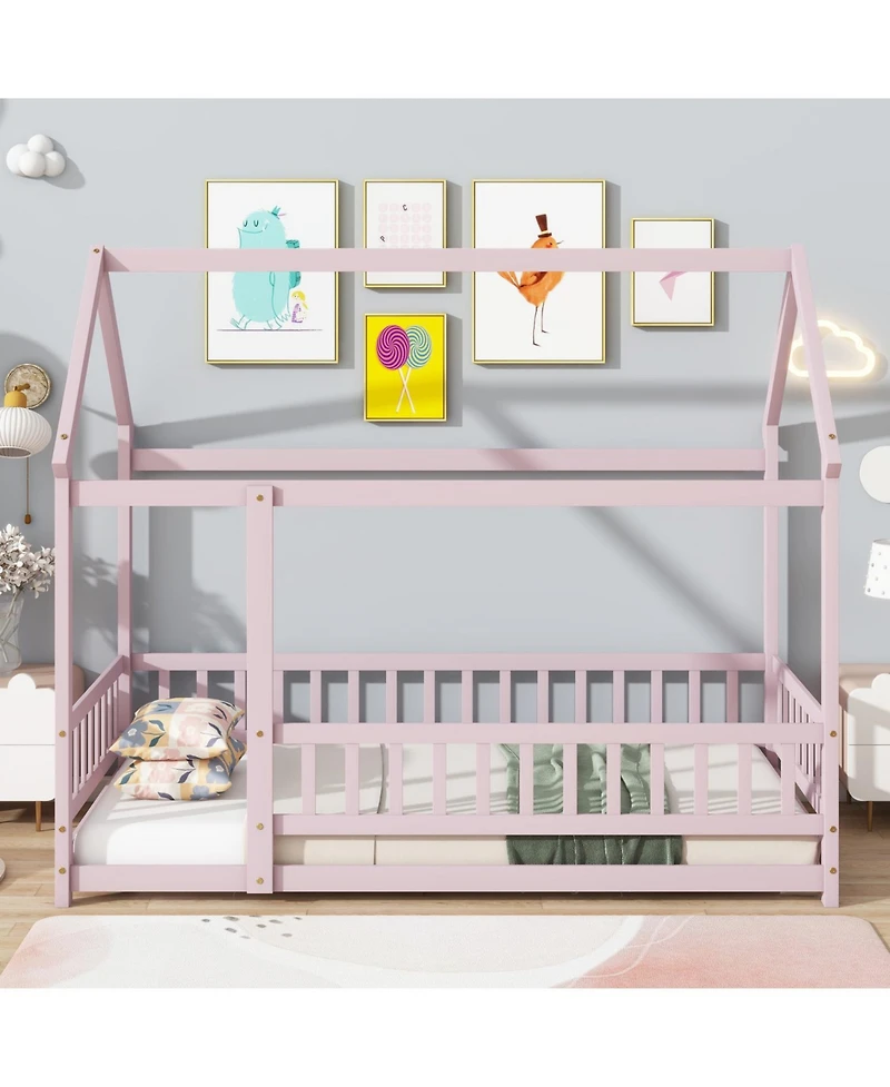 Streamdale Furniture Twin Size House Floor Wooden Bed with Roof Frame Safety Guardrails Pink