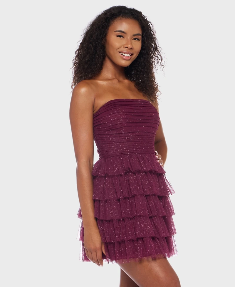B Darlin Juniors' Strapless Side-Shirred Tiered Glitter Mini Dress