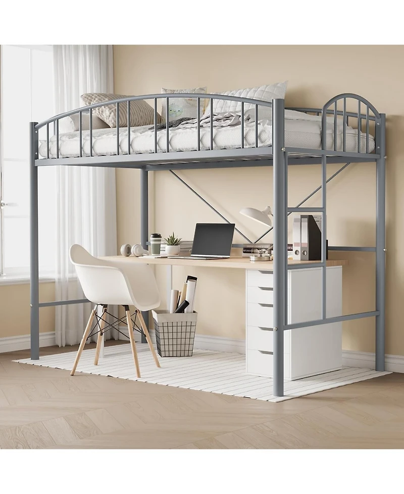 gaomon Loft Bed Twin Size, Heavy Duty Metal Loft Bed Frame with Arched Guardrail and Safety Ladder, Space-Saving, No Box Spring Needed, Matte Gray