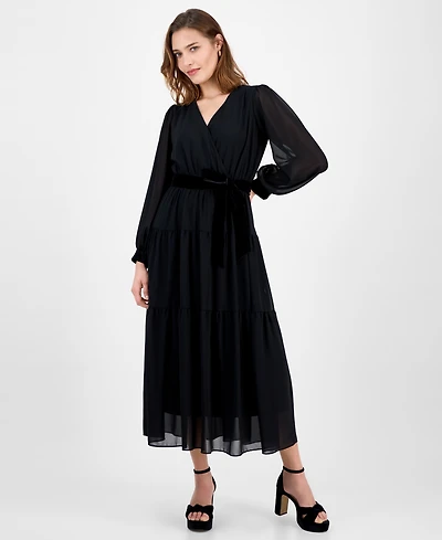 Robbie Bee Women's Surplice Tiered V-Neck Maxi Dress