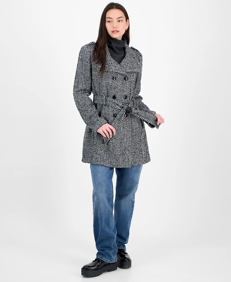 Bcx Juniors' Plaid Funnel-Neck Trench Coat