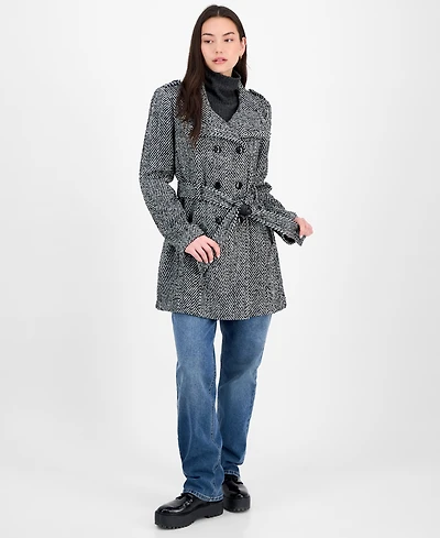 Bcx Juniors' Plaid Funnel-Neck Trench Coat