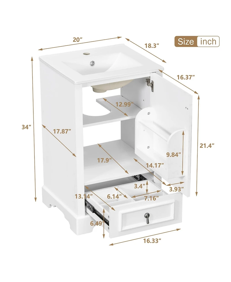 Casainc 20; Bathroom Vanity with Ceramic Sink, Soft-Close Door, U-Shaped Shelf, Drawer and Storage Rack