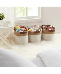 Ornavo Home 3 Pack Cotton Rope Shelf Storage Basket with Faux Leather Handles