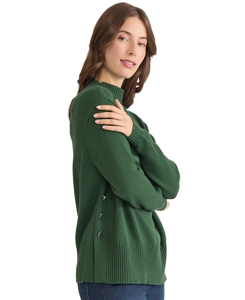 Jones New York Women's Side Seam Button Mock Neck Sweater