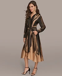 Donna Karan New York Women's Printed Long Sleeve Twist Waist Dress