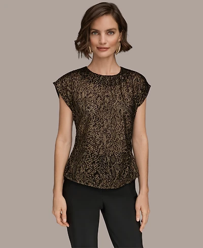 Donna Karan New York Women's Cap Sleeve Metallic Burnout Crewneck Top