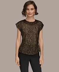 Donna Karan New York Women's Cap Sleeve Metallic Burnout Crewneck Top