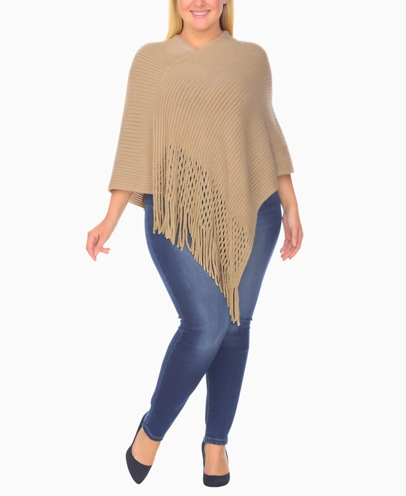 White Mark Plus Size Fringe Knit Pull Over Poncho