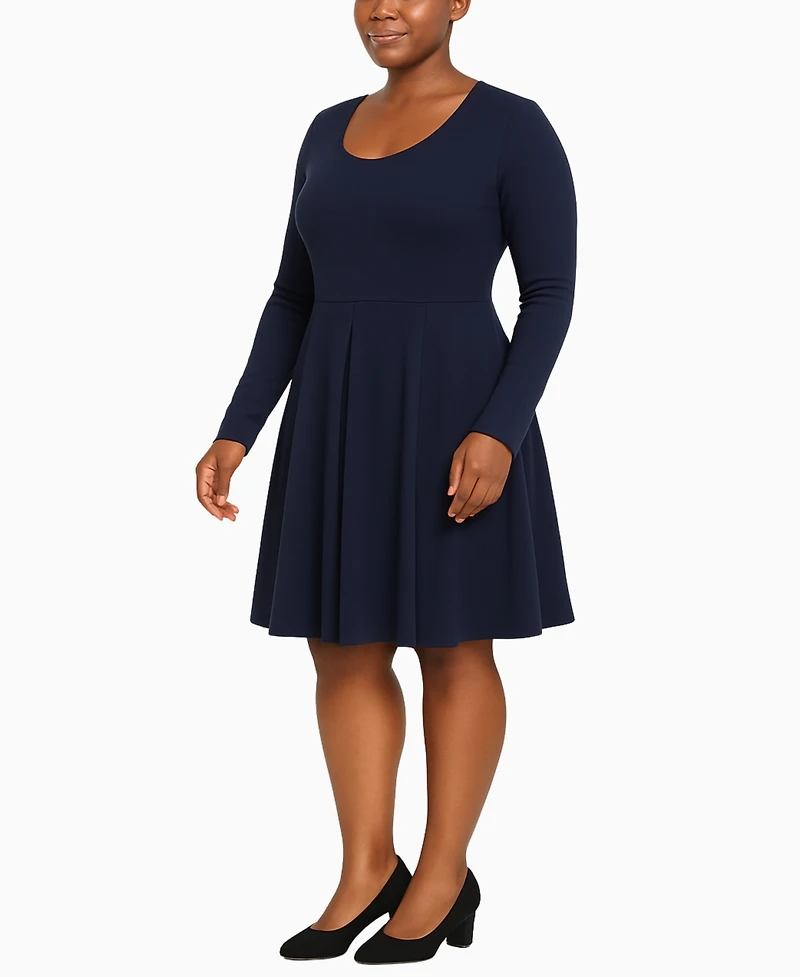 White Mark Plus Classic Long Sleeve Fit and Flare Dress