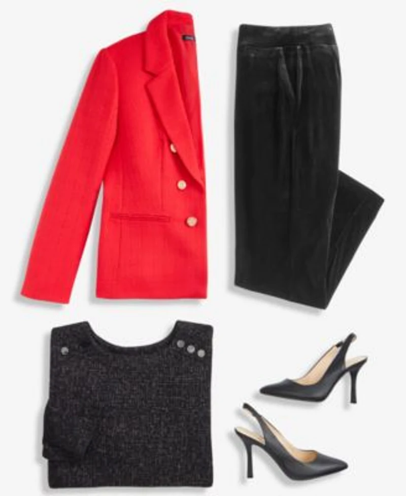 Jones New York Womens Button Trim Open Front Blazer Textured Contrast Hem Top High Rise Straight Leg Velvet Pants