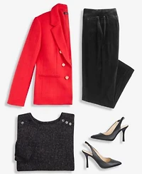 Jones New York Womens Button Trim Open Front Blazer Textured Contrast Hem Top High Rise Straight Leg Velvet Pants