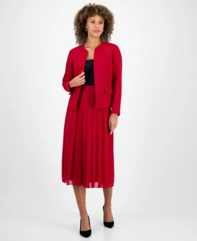 Kasper Womens Collarless Open Front Blazer Pleated Pull On Skirt