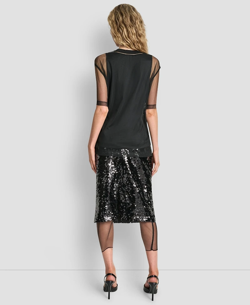 Dkny Women's Sequined Layered Short Sleeves Mesh Top